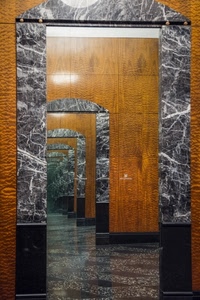 marmo, nero, porte, prospettiva, pavimento, cornici, grigio, marrone, legno, bordi, archi, riflessi, pareti