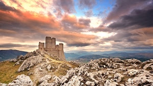 castello, nuvole, torri, rocce, cielo, montagne, tramonto, montagna, pietra, fortezza, rocca, rudere, roccia, panorama