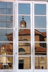 orologio, chiesa, vetri, campanile, finestra, cielo, tetti, riflesso, finestre, quadrati, riflessi, portone, specchio, quadrato