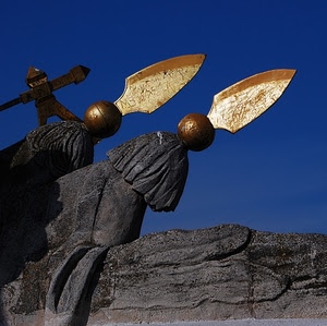 oro, lance, punte, monumento, pietra, blu, cielo, due, azzurro, lancia