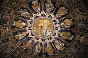 cupola, battesimo, colomba, cerchio, chiesa, mosaico, affresco, gesù, apostoli, santi, cerchi, religione, volta, rotondo, affreschi, dipinti, soffitto, decorazioni, giovanni, oro