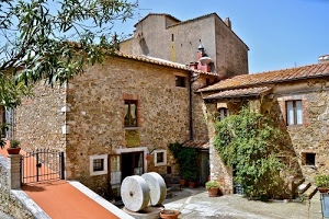 cancello, finestre, tetti, porta, macina, pietra, casa, piante, verde, albero, porte, cortile, case, azzurro, cielo, macine, borgo, rampicante, ruote, pianta, corte, vasi
