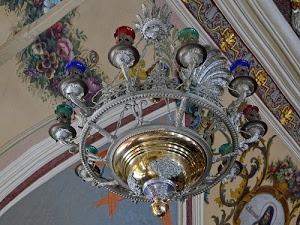 soffitto, lampadario, colori, blu, rosso, verde, cerchio, fiori, decorazioni, dorato, lampadine, luci, argento, bracci, rotondo, affreschi, vetro, ottone, circolare, metallo
