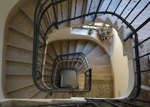 scala, scalini, ringhiera, vasi, piante, spirale, scale, gradini, chiocciola, tromba, fiori, pianerottolo, luce, rampe, finestra, marmo, corrimano, scalinata