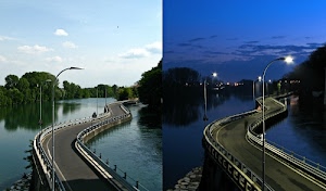 acqua, lampioni, notte, strada, luci, giorno, alberi, curve, nuvole, cielo, strade, dittico, guardrail, ponte, fiume, blu, lago, due