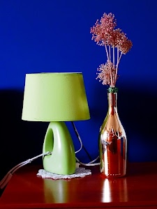 fiori, bottiglia, verde, lampada, paralume, tavolo, centrino, rosso, vetro, riflesso, riflessi, blu, filo, fili, secchi, lume, azzurro, legno, cavo