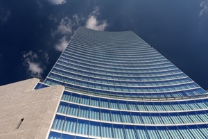 grattacielo, cielo, alto, blu, azzurro, finestre, prospettiva, piani, palazzo, città