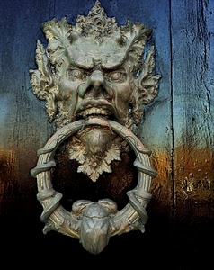 batacchio, porta, legno, anello, denti, faccia, volto, ferro