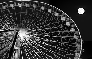 ruota, luna, raggi, bianconero, notte, cabine, panoramica, giostra, notturno, sedili