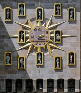 orologio, statue, lancette, campane, numeri, oro, ore, raggi, figure, palazzo, torre
