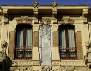finestre, liberty, tende, ringhiere, leoni, balconi, vetri, due, ringhiera, palazzo, decori, mascheroni, facciata