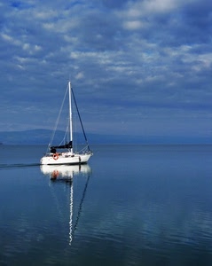 barca, mare, riflesso, nuvole, albero, acqua, cielo, azzurro, riflessi, bianco