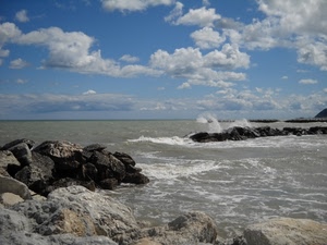 mare, nuvole, cielo, scogli, onde