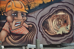 murales, minatore, miniera, casco, disegno, gallerie, alberi, uomo, murale, muro