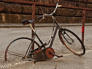 bicicletta, ruota, manubrio, strada, ringhiera, ruggine, muro, abbandono, rottame, rudere, abbandonata, sella