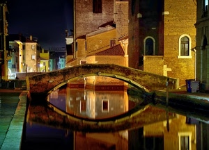 ponte, riflesso, canale, acqua, notturno, notte, colori, palazzi, case