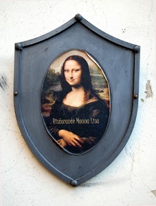 insegna, scudo, ristorante, grigio, gioconda, dipinto, leonardo, quadro, monnalisa, stemma, mani