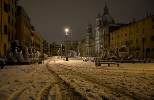 neve, piazza, notturno, lampione, cupola, chiesa, fontana, strada, panchina