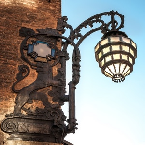 lampione, ferro, luce, leone, angolo, azzurro, cielo, muro