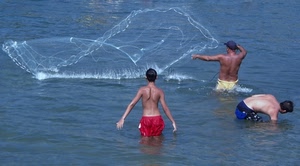 mare, tre, rete, acqua, uomini, pescatori, reti, pescare, pescatore, costumi