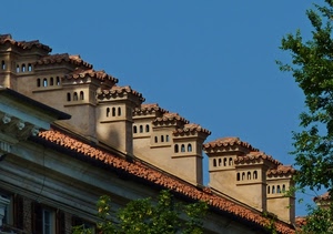 tetto, comignoli, cielo, camini, tegole, foglie, verde, fila, tetti, albero, rami, prospettiva