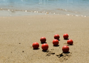 sabbia, mare, bocce, acqua, spiaggia, rosso, otto, sfere, rosse, bagnasciuga, sole