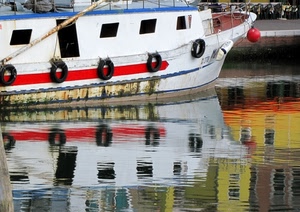 riflesso, barca, acqua, porto, canale, rosso, gomme, bianco, salvagenti