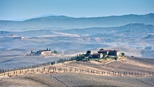 panorama, colline, cipressi, paesaggio, case, campagna, alberi, campi, casolari, foschia