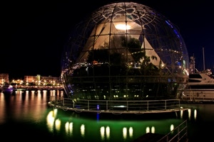 sfera, luci, acqua, notturno, riflessi, notte, vetro, riflesso, globo, trasparenze, porto