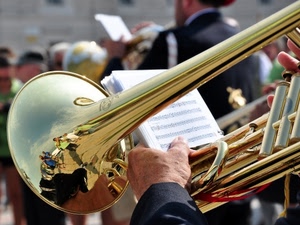 tromba, musica, ottone, riflesso, banda, riflessi, spartito, oro, note, trombone