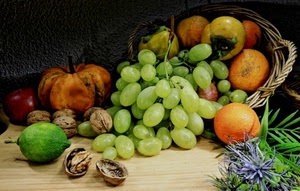 frutta, uva, noci, arance, cesto, limone