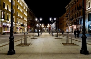lampioni, luci, viale, notturno, notte, strada, alberi, via, prospettiva, piazza, case, piante