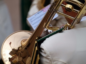 ottone, tromba, musica, riflesso, spalla, spartito, banda, strumento, suonatore, trombone