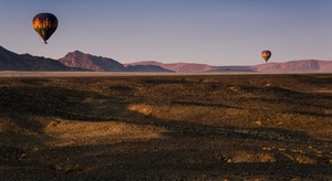 mongolfiere, cielo, due, montagne, panorama, deserto, terra, ombre, palloni