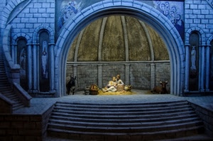 presepe, arco, scale, natale, scalinata, gradini, scala, blu, chiesa, natività, bue, asino