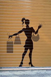 donna, borse, serranda, saracinesca, murales, disegno, dipinto