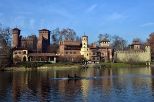castello, fiume, canoa, torri, acqua, cielo, torino, borgo, riflessi, alberi, riflesso