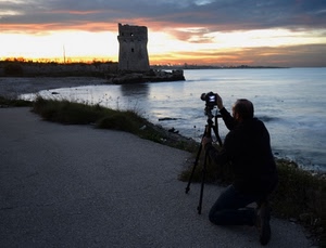 torre, mare, fotografo, tramonto, cavalletto, controluce, acqua