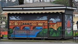 edicola, serrande, ponte, murales, ringhiera, chiusa, disegno, disegni, alberi