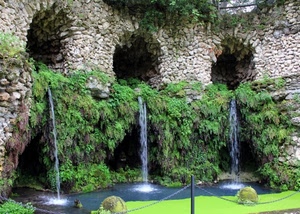 acqua, verde, piante, catena, cascate, pietre, fontana, tre, fontane, erba, sassi, archi, foglie, roccia, muro, cascata, grotte, fori