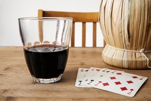 bicchiere, carte, vino, fiasco, tavolo, rosso, sette, gioco, sedia