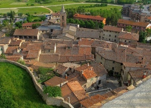 tetti, campanile, borgo, case, paese, alberi, verde, panorama, tegole, muro, prati, comignoli, strade, finestre, erba, mura, prato