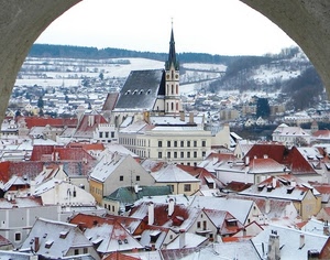 campanile, neve, arco, tetti, chiesa, alberi, inverno, case, bianco, finestre, comignoli, cornice, città, tetto, cielo, panorama, borgo