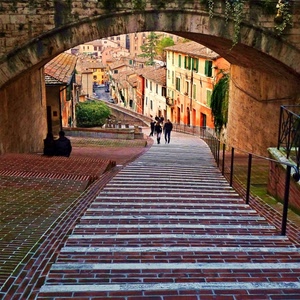 case, arco, persone, scorcio, discesa, finestre, vicolo, mattoni, ringhiera, scale, tetti, colori, porte, paese, scalinata