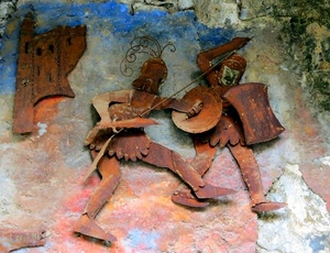 muro, spada, castello, ruggine, scudi, ferro, marionette, metallo, guerrieri, azzurro, soldati, lancia, colori, armature, elmo, elmi, scudo, due, parete