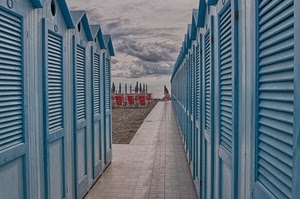 cabine, spiaggia, nuvole, cielo, ombrelloni, sdraio, azzurro, prospettiva, mare, sabbia, celeste