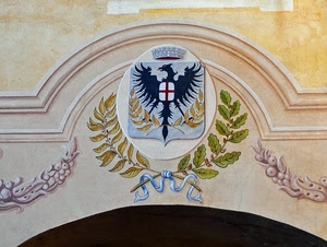stemma, aquila, corona, verde, arco, foglie, croce, nastro, archi, nero, fregio