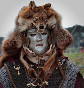 maschera, denti, pelliccia, volpe, occhi, animale, cappello, copricapo, uomo, pelo, sfocato, armatura, guerriero, carnevale, lupo