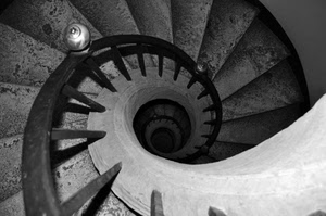 scala, chiocciola, gradini, spirale, bianconero, ringhiera, scalini, pomello
