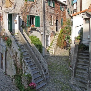 scale, gradini, fiori, finestre, vicolo, case, porte, scorcio
